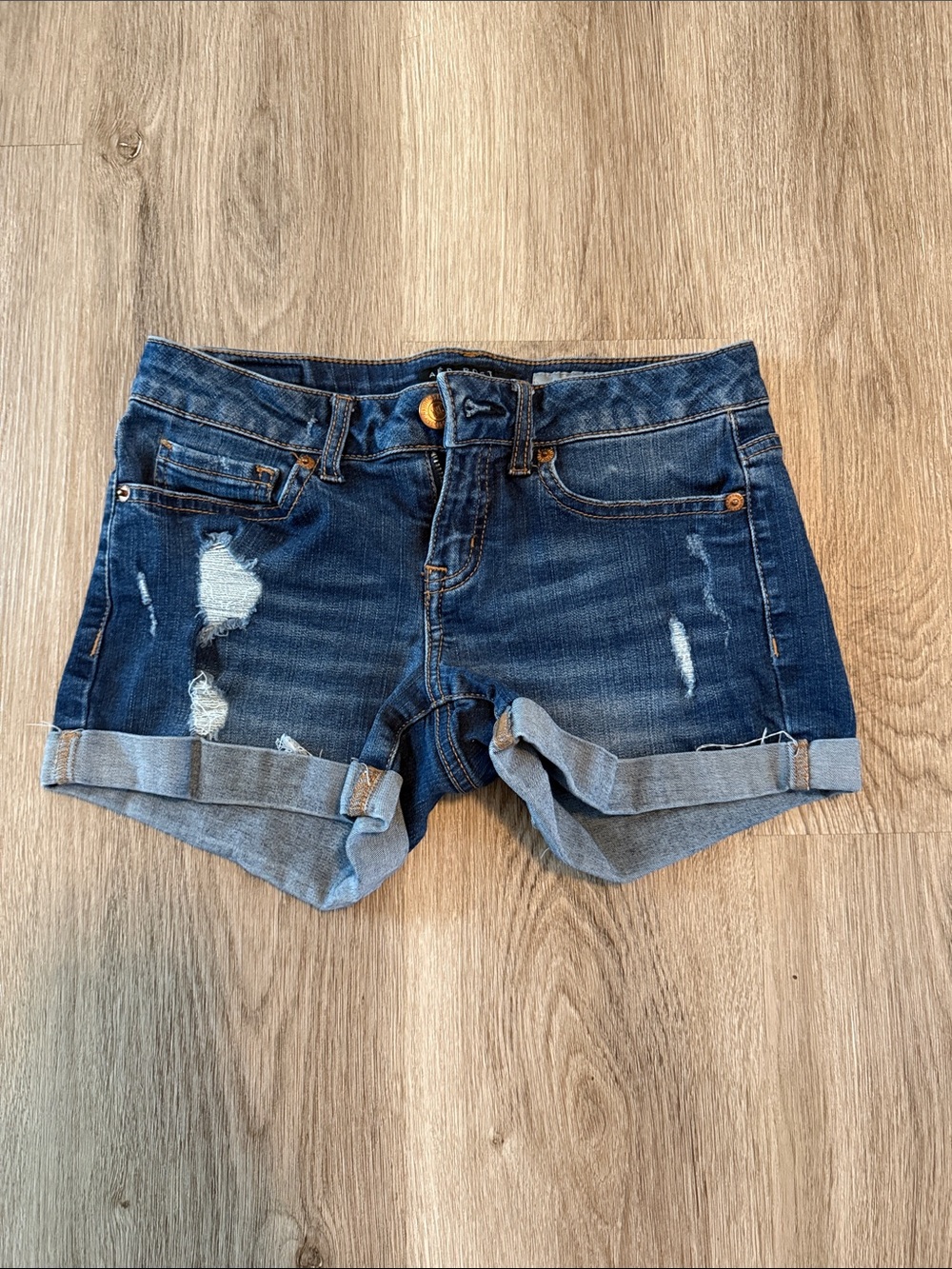 Aeropostale Indigo Distressed Rolled Cuff Denim Shorts